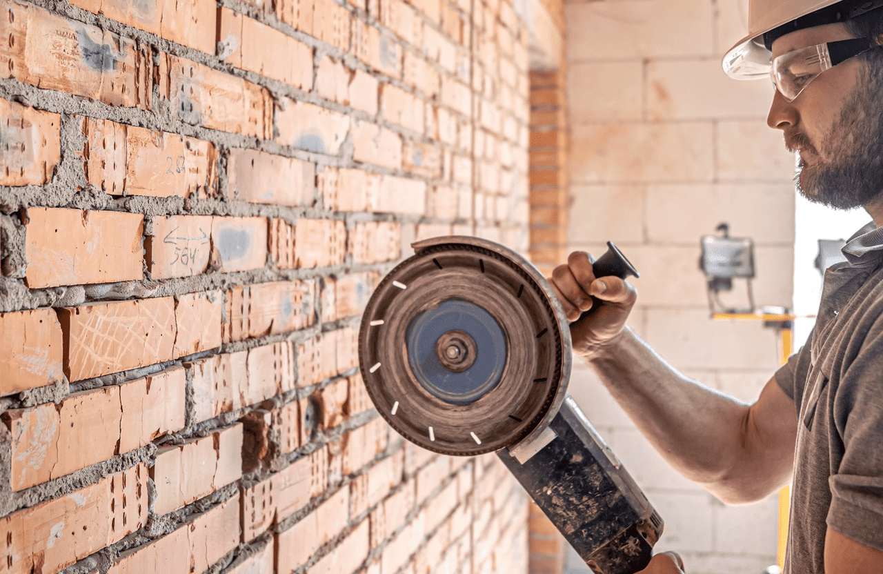 Stone Haven Developments A construction worker wearing safety gear uses an angle grinder to cut or shape a brick wall at a job site. Ontario