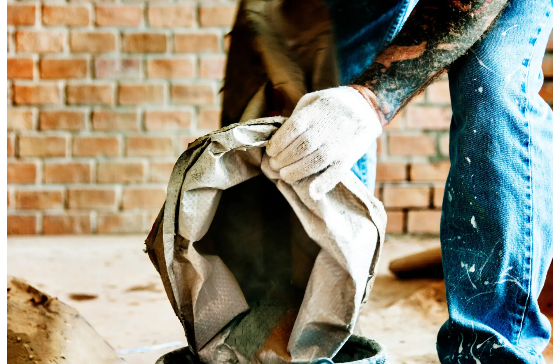 Stone Haven Developments A person wearing gloves pours cement mix from a bag into a container on a construction site with a brick wall in the background. Ontario