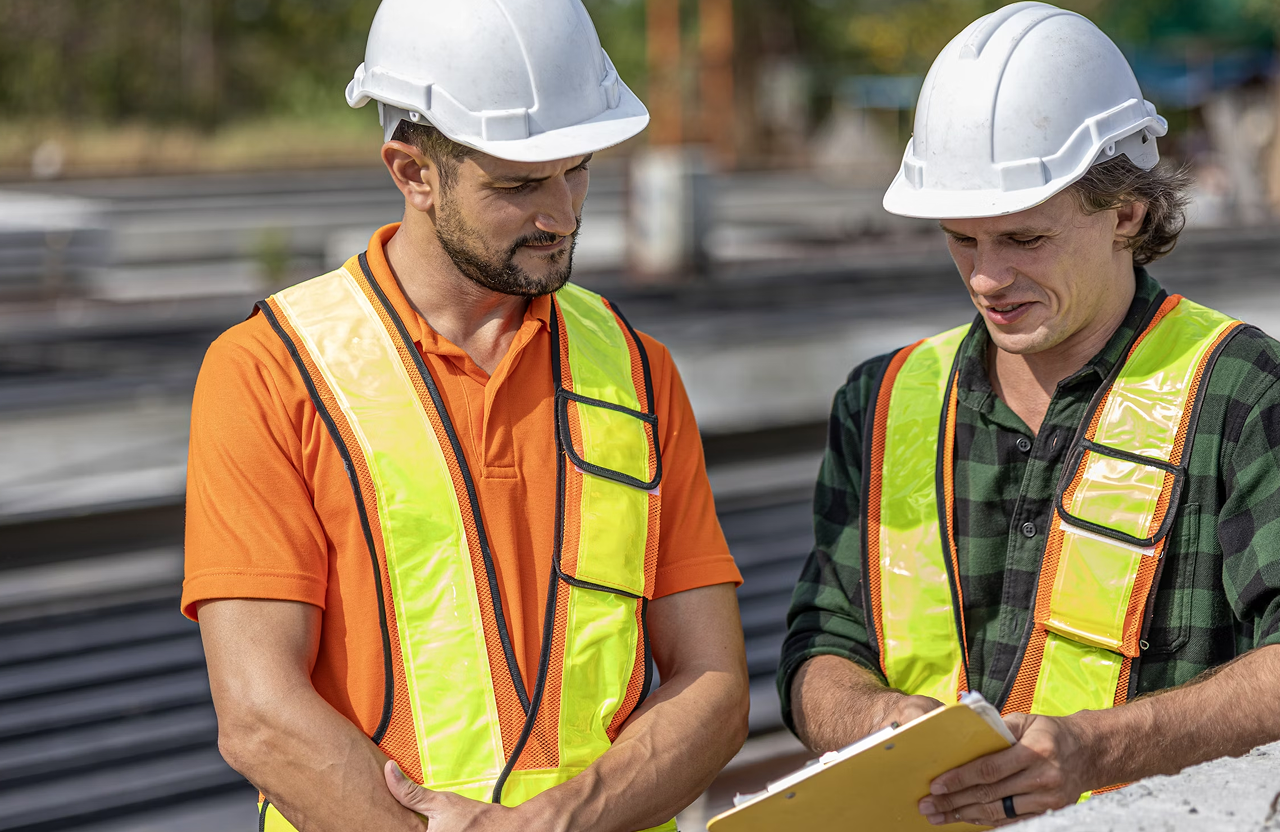 Stone Haven Developments Two construction workers in safety vests and helmets review documents on a clipboard at an outdoor construction site. Ontario