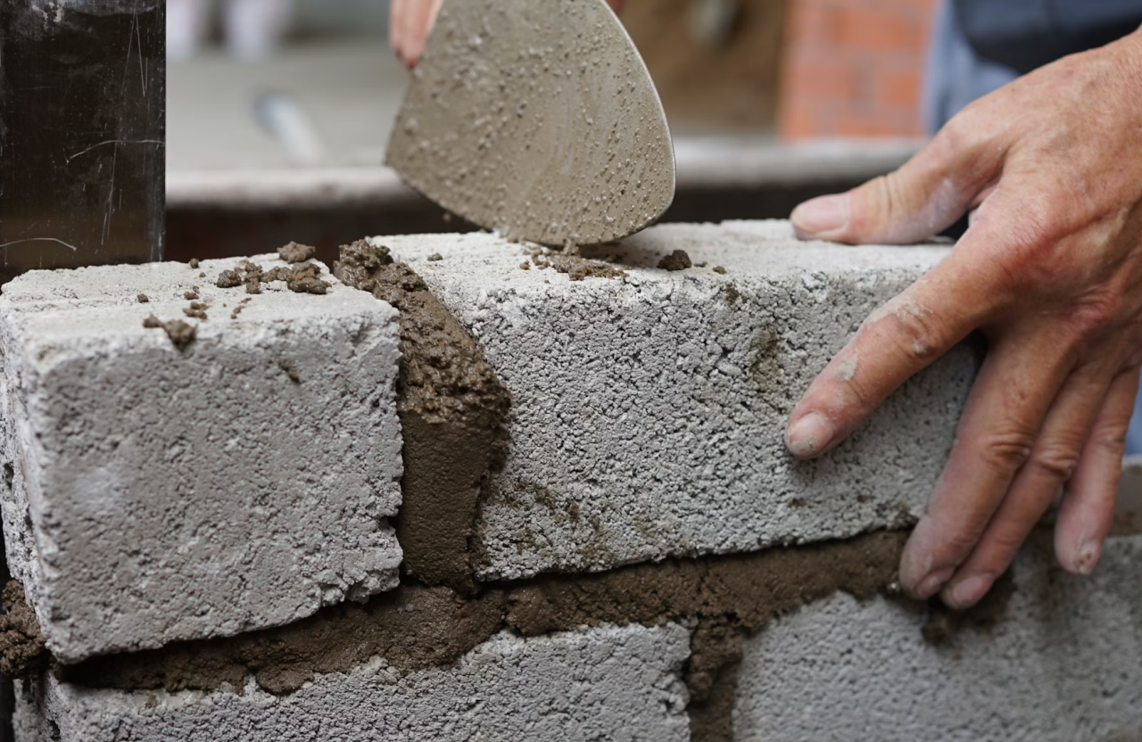 Stone Haven Developments A close-up of hands laying concrete blocks with wet mortar, using a trowel to smooth the joints during construction. Ontario