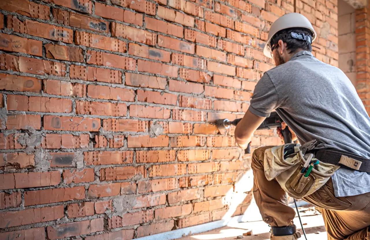 Stone Haven Developments A construction worker in a hard hat and tool belt uses a power drill on a red brick wall. Ontario